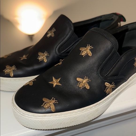 GUCCI Black & Gold Embroidered Bee & Star Dublin Slip On Sneaker Men’s Size 5G 🐝 - Picture 13 of 16
